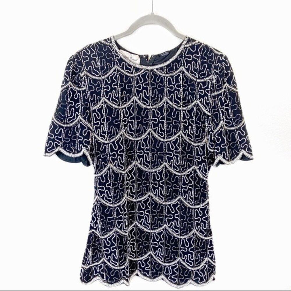 Laurence Kazar Vtg Black Beaded Evening Top sz S